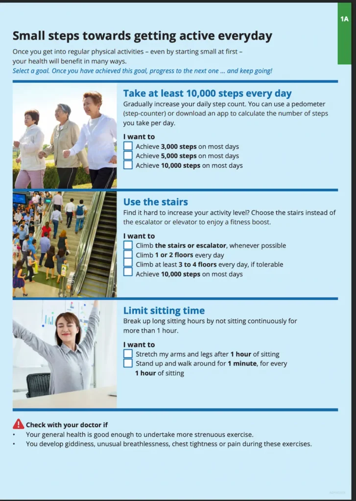 a page from a patient education resource on physical activity for diabetic patients in Singapore