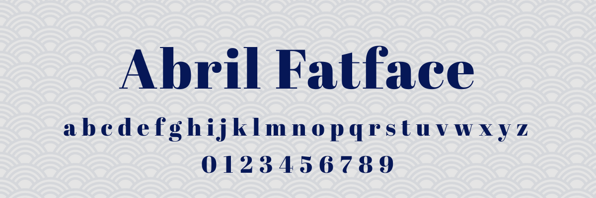the abril fatface typeface, a modern serif font with high-contrast, heavy strokes, the name is in a large heading, with the lowercase alphabet and numbers 0-9 below, the text is dark blue on a light grey background with a wave pattern