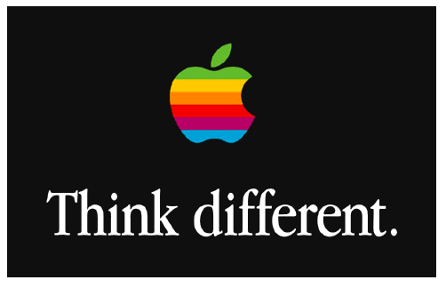 the vintage apple think different ad campaign slogan shown below the classic rainbow-striped apple logo, the text is set in a custom variant of the garamond typeface, known as apple garamond