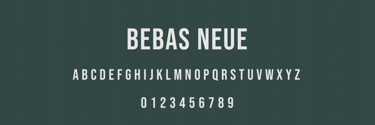 the bebas neue font, a popular condensed, all-caps sans-serif typeface, the name is in a heading, followed by the uppercase alphabet and numbers 0-9, the text is white on a dark teal background with a diagonal line pattern