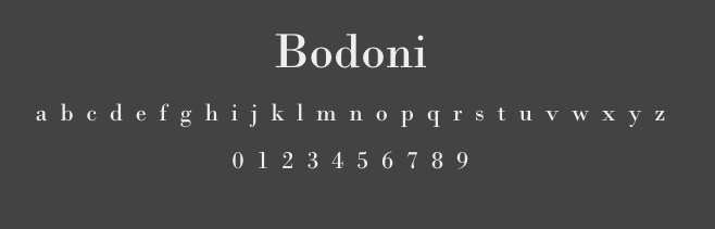 the bodoni font family, showcasing its elegant, high-contrast serif style, the image displays the name bodoni in a large heading, followed by the lowercase alphabet and numbers 0 through 9, all in white text on a solid dark grey background