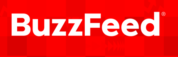 the official white buzzfeed logo set against a vibrant red background with a subtle checkered and geometric pattern, the font is a bold, sans-serif type