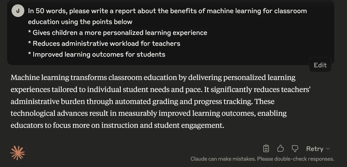 a screenshot of the claude ai interface displaying a prompt asking for a 50-word report on machine learning in education with bullet points for personalized learning reduced administrative workload and improved student outcomes the ai's response details how machine learning transforms classrooms by personalizing experiences and reducing teacher burdens