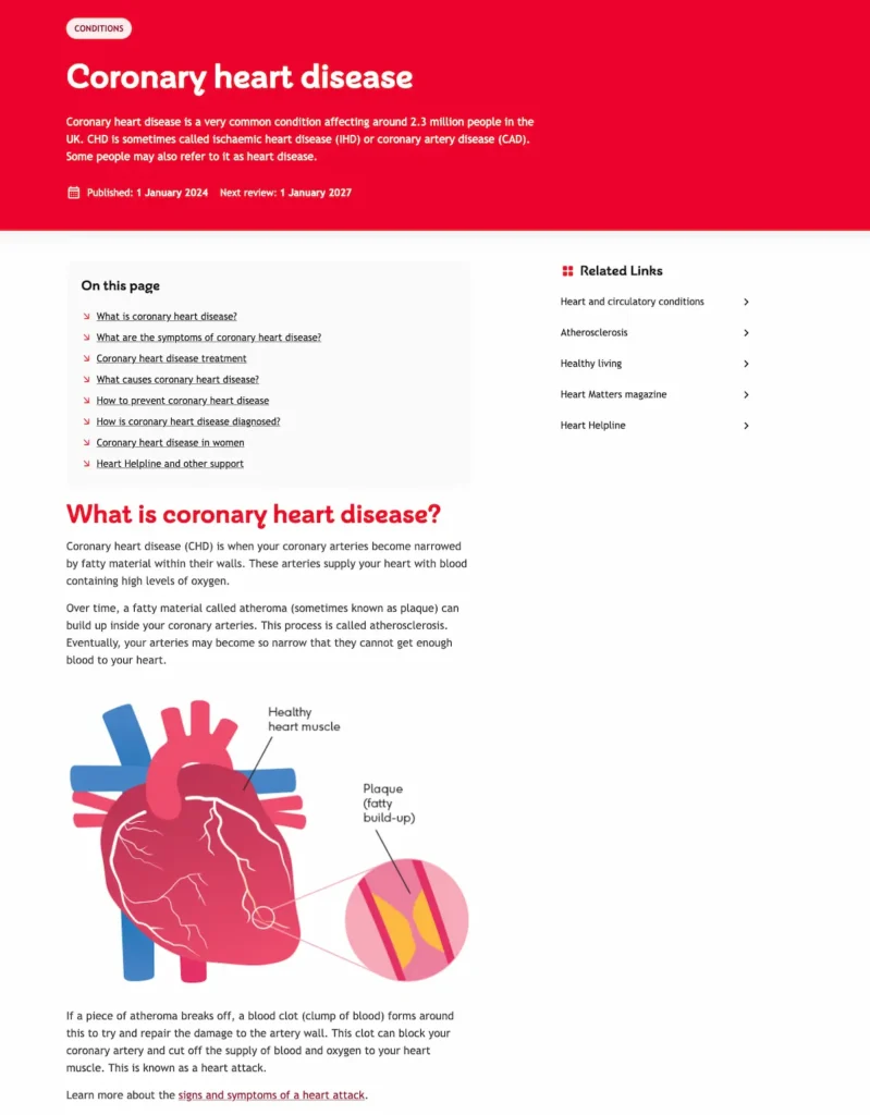 British Heart Foundation's coronary heart disease guide screenshot