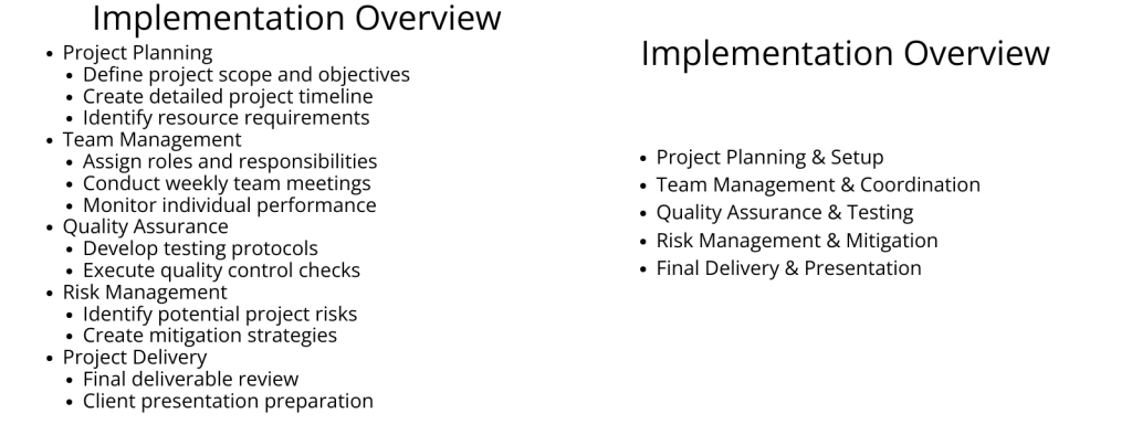 a before and after comparison of an implementation overview, the 'before' side shows a detailed, granular list of tasks under headings like project planning and team management, while the 'after' side groups these tasks into higher-level, more digestible categories like project planning & setup and team management & coordination