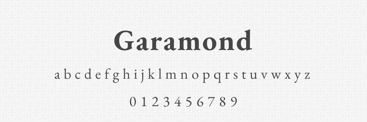 the classic garamond typeface, known for its old-style serif design, the image presents the name garamond in a heading, followed by the lowercase alphabet and numbers 0-9, all in a dark grey on a light grey patterned background