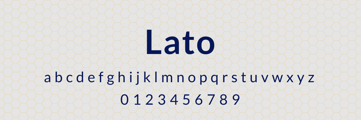 the lato font, a sans-serif typeface, displayed on a light background with a yellow honeycomb pattern, the name lato is shown in a large heading, followed by the lowercase alphabet and numbers 0-9, all in a dark blue color