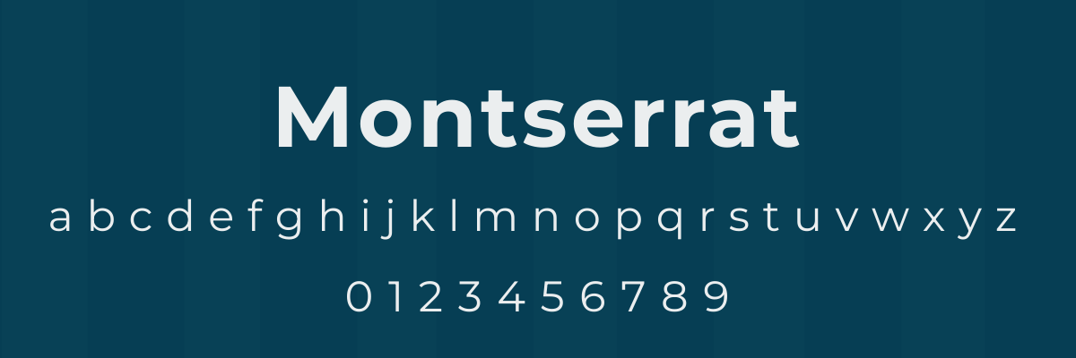 the montserrat font, a geometric sans-serif typeface, the image displays the name montserrat in a large heading, with the lowercase alphabet and numbers 0-9 below it, the text is white, set against a dark teal background with faint vertical stripes