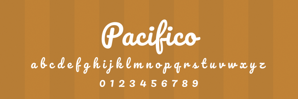 a sample of the pacifico font, a rounded, script-style typeface with a handwritten feel, the name pacifico is in a large heading, followed by the lowercase alphabet and numbers 0-9, all in white on a solid mustard-brown background