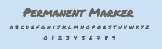 the permanent marker font, which mimics the look of a thick felt-tip marker, the image shows the name in a heading, with the uppercase alphabet and numbers 0-9 below, all in a textured dark grey on a light blue background