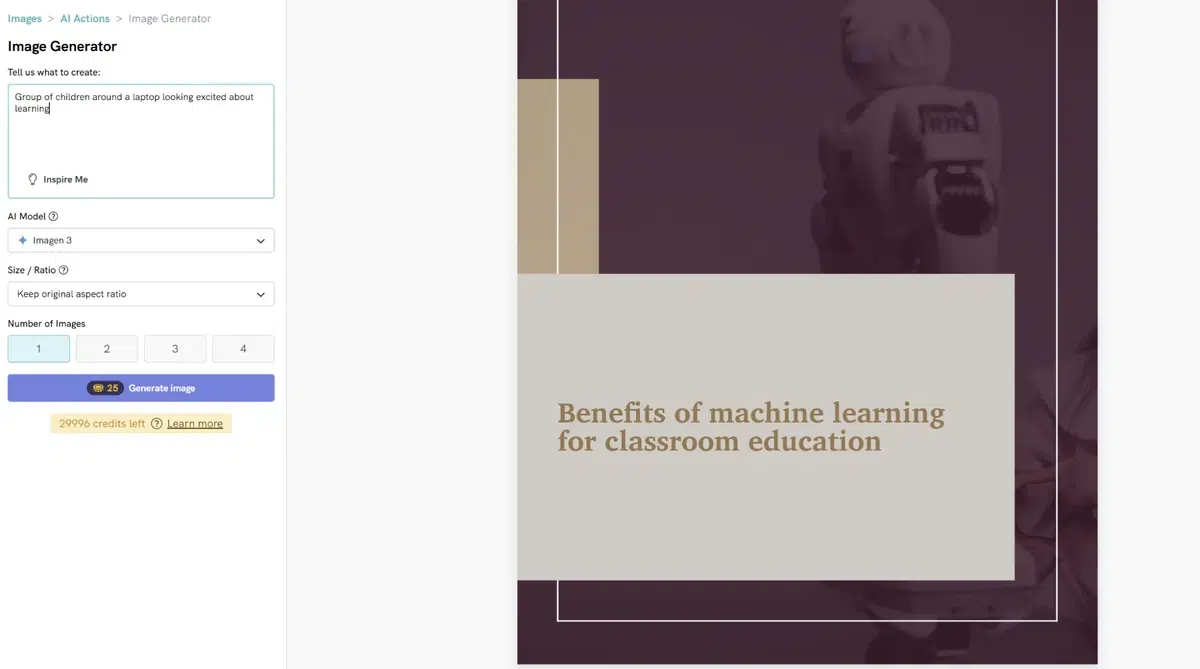 a screenshot of an ai image generator interface the user has input a prompt 'group of children around a laptop looking excited about learning' on the right a preview of a document cover shows a robot and the title 'benefits of machine learning for classroom education'