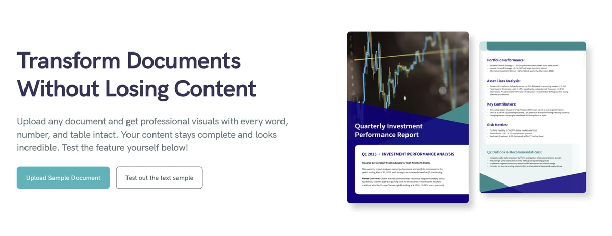 a marketing graphic for a document transformation tool the headline reads 'transform documents without losing content' below two sample documents a quarterly investment performance report and its visually enhanced version are displayed showcasing the pikto ai preserve content capability