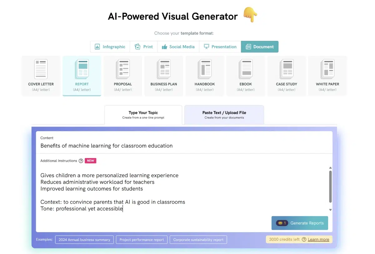 a screenshot of an ai-powered visual generator the user has selected the 'document' template format and entered a topic 'benefits of machine learning for classroom education' additional instructions specify the need for personalized learning reduced teacher workload and improved outcomes with a professional yet accessible tone