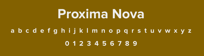a sample of the proxima nova font, a popular sans-serif typeface, the name proxima nova is in a bold heading, with the lowercase alphabet and numbers 0-9 below, the text is white on a solid dark yellow-green background