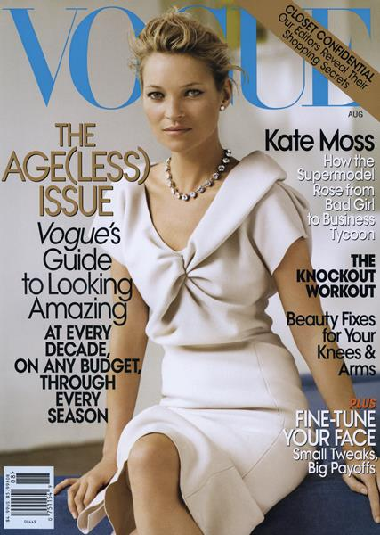 the cover of vogue magazine's the ageless issue featuring supermodel kate moss, the iconic vogue masthead uses a customized didone serif font, a style similar to bodoni, which conveys elegance and high fashion