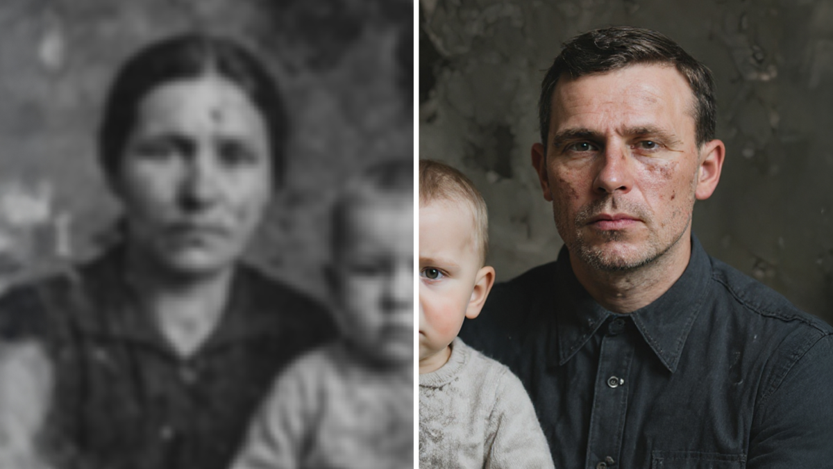 pikto ai image restorer, picture of a faded/damaged photo of a family from the industrial revolution, half image in black and white, grainy, blurred, half image restored in full hd and color