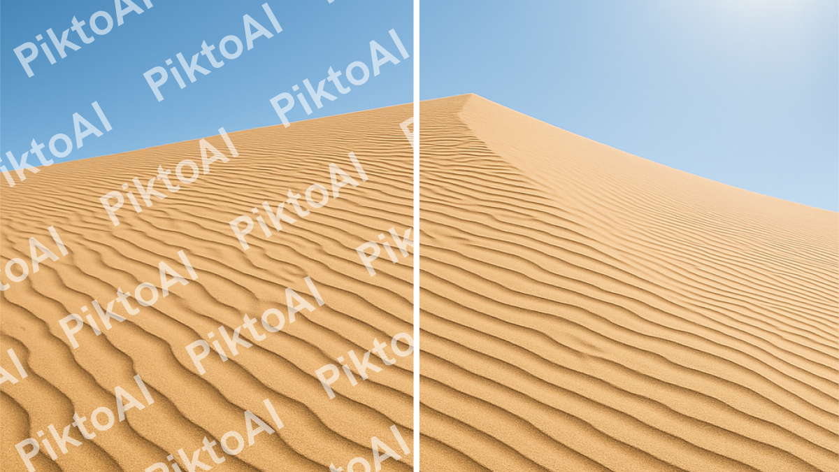 pikto ai text remover, picture of a desert, half image filled with pikto ai text watermark, other half clear with no text or watermarks