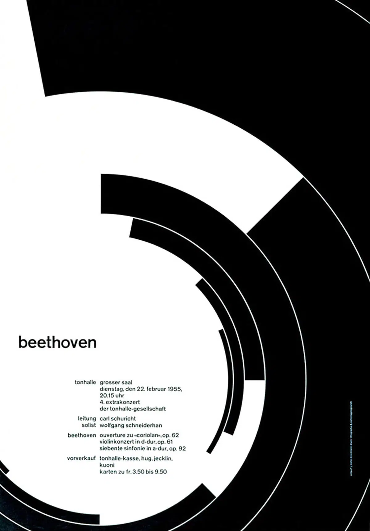 a minimalist black and white poster for a beethoven concert at tonhalle on february 22 1955 featuring abstract circular shapes and event details in a sans-serif font