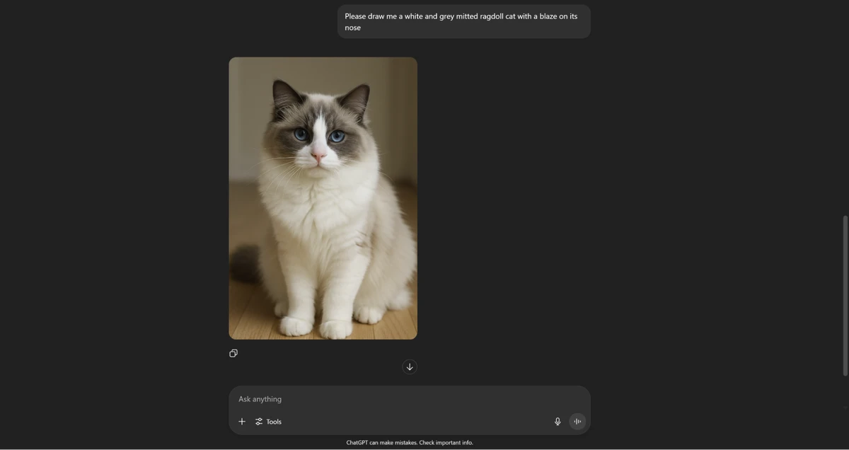 a screenshot of a chatgpt conversation where a user has prompted the ai to generate an image, the resulting image is a photorealistic depiction of a white and grey mitted ragdoll cat with bright blue eyes and a white blaze on its nose, sitting attentively on a light wood floor, perfectly matching the detailed prompt