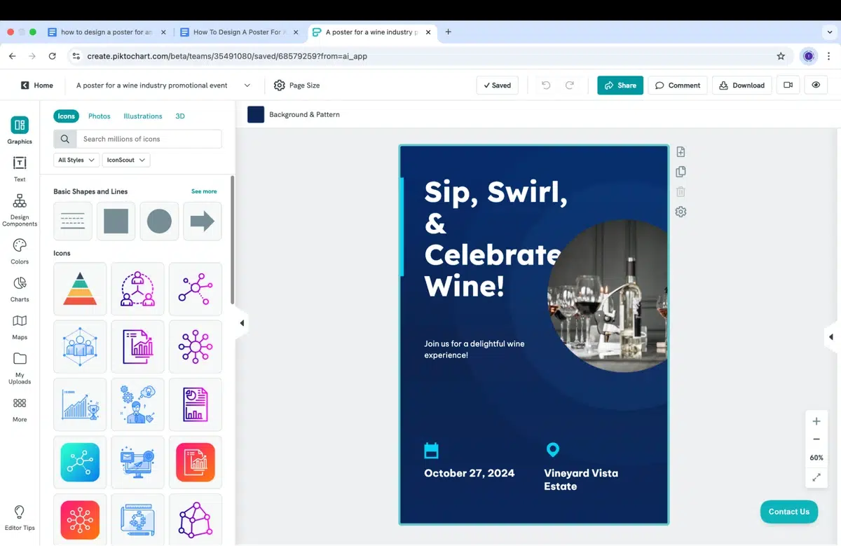 a screenshot of the piktochart editor interface, on the left is a toolbar with options for graphics, text, and design components, on the right is a dark blue poster being edited for a wine event, the poster reads sip swirl and celebrate wine and shows a circular image of wine glasses and a bottle