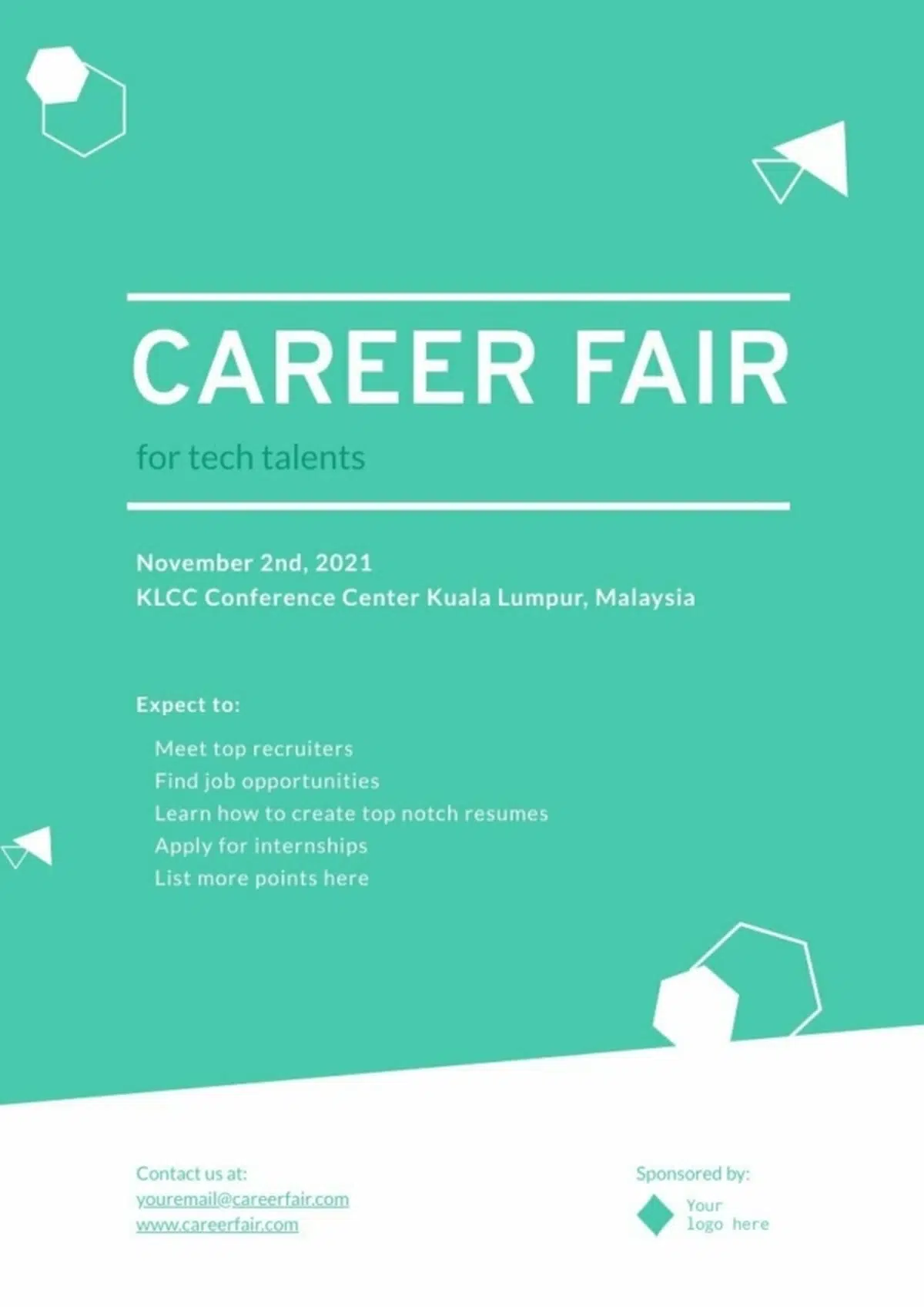 a modern poster for a career fair for tech talents, the design uses a turquoise green background with white text, it lists event details like the date and location, what attendees can expect, and contact information, with minimalist geometric shapes for decoration