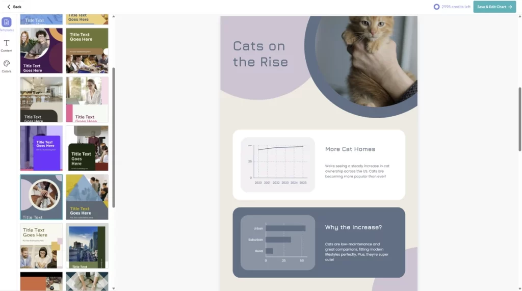 an infographic titled "cats on the rise" detailing the increase in cat ownership, it features a photo of a person gently holding a small orange kitten, the infographic includes a line graph projecting a steady increase in cat homes from 2020 to 2025, and a bar chart indicating higher cat ownership in urban and suburban areas compared to rural ones, attributing the rise to cats being low-maintenance companions