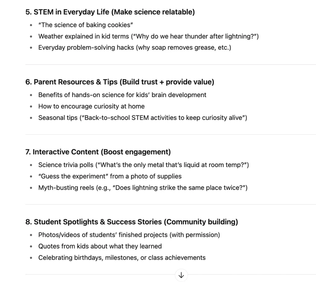 a document listing content ideas categorized under 'stem in everyday life', 'parent resources and tips', 'interactive content', and 'student spotlights and success stories'