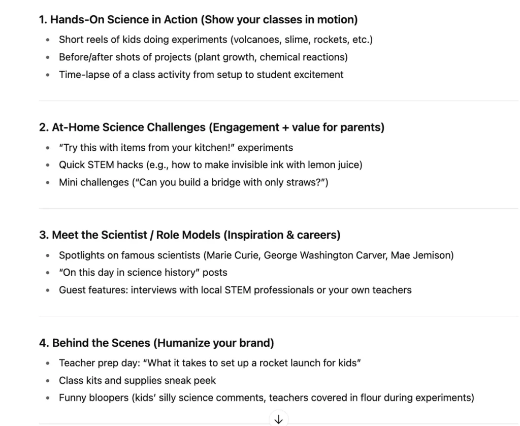 a document listing content ideas categorized under 'childhood literacy' and 'power of movement', with bullet points for fall picture books, science reading pairings, and fine motor activities