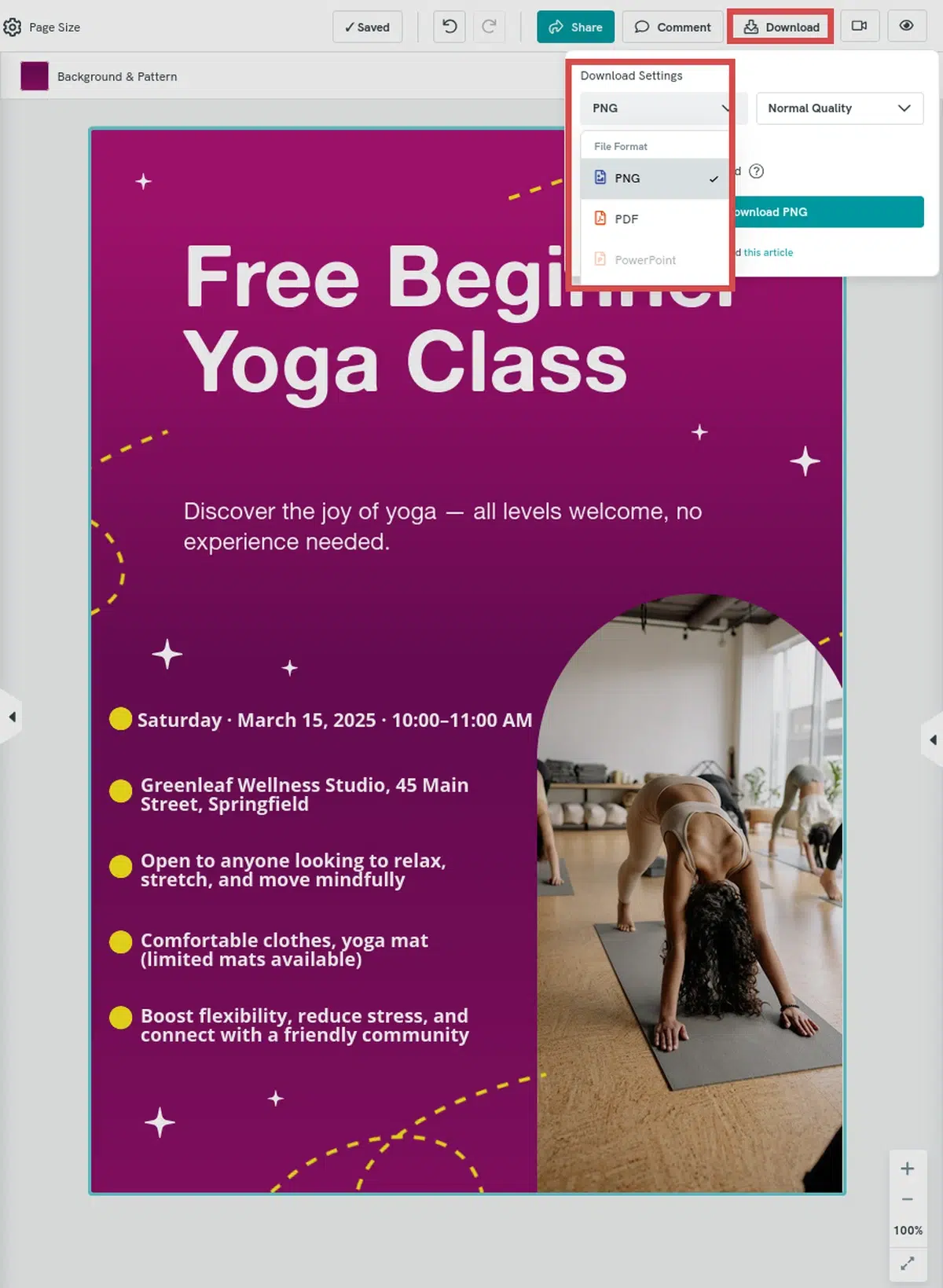 screenshot of a design editor showing a completed poster for a 'free beginner yoga class', the 'download' button in the top menu is highlighted, with a dropdown showing options to save the file as a png, pdf, or powerpoint, illustrating the final step of exporting the design