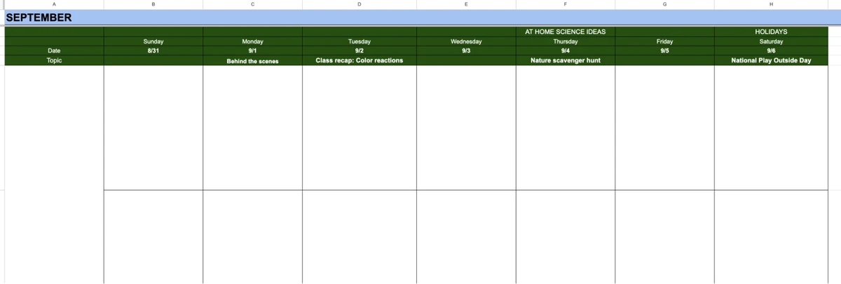 a screenshot of a blank social media calendar template in google sheets for the month of september, with columns for each day of the week