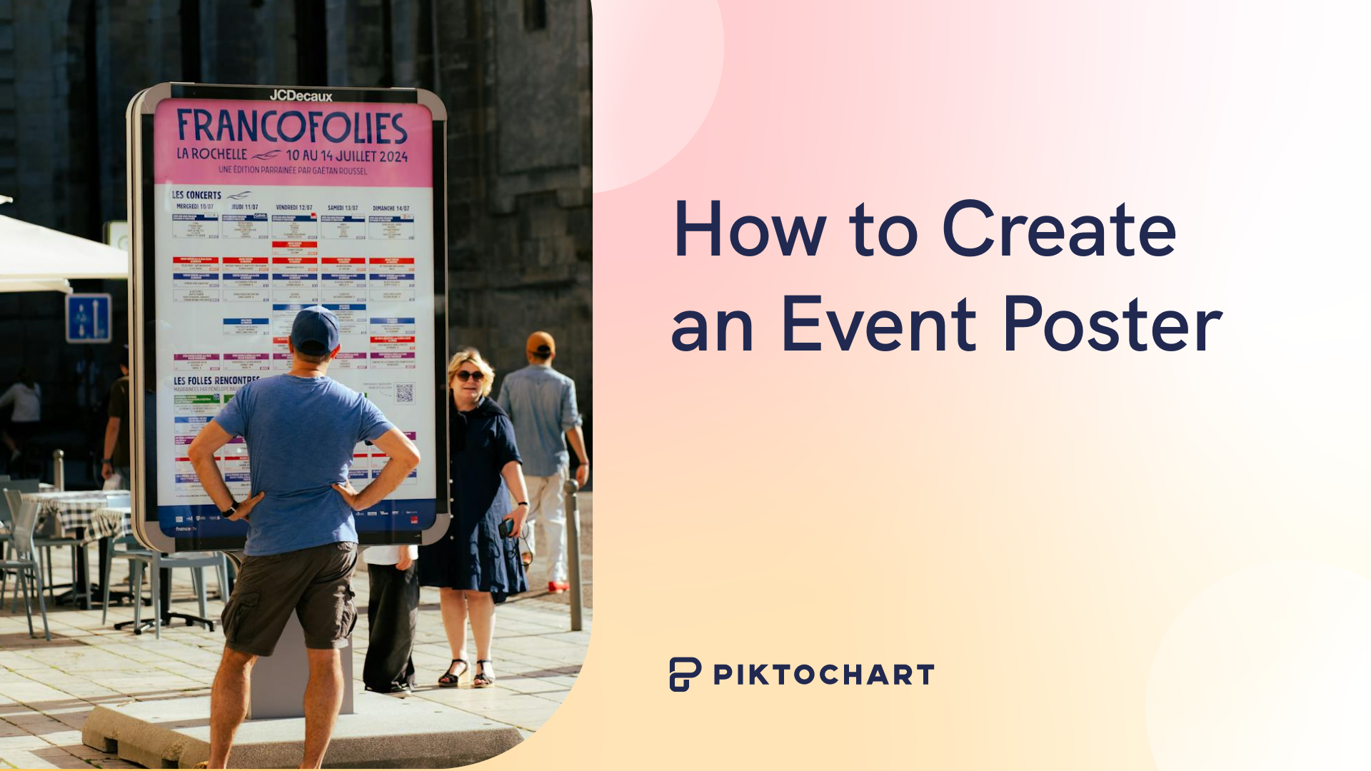 how to create an event poster featured image, man standing in front of public poster filled with events