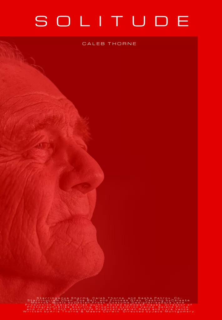 a movie poster for solitude starring caleb thorne featuring a close-up profile of an older man's face washed in a dramatic red light with a full cast and crew list below
