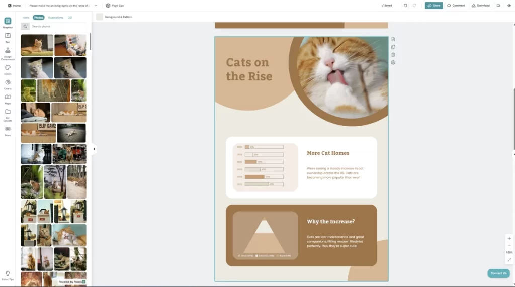 a screenshot of an infographic design editor featuring a template titled "cats on the rise", the design includes a prominent circular photo of an orange and white cat licking its paw, the infographic uses a warm, earthy color palette and contains charts showing rising cat ownership from 2020-2025 and a breakdown by urban, suburban, and rural locations