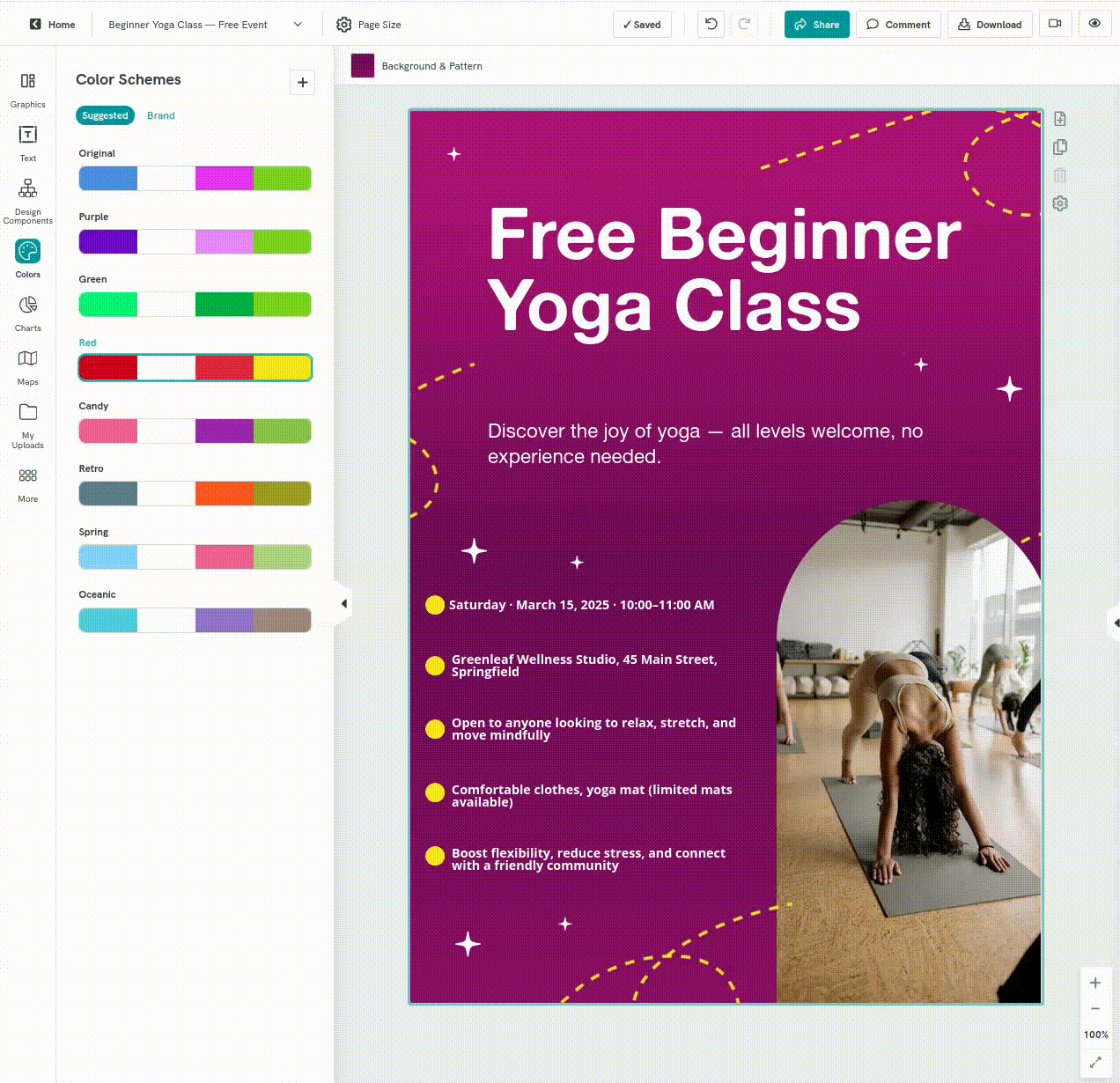gif of pikto ai design selection screen, on the left, a gallery of poster templates is shown, on the right, a chosen template fora 'free beginner yoga class' is displayed, featuring a woman in a yoga pose and a clean, modern layout with pastel colors