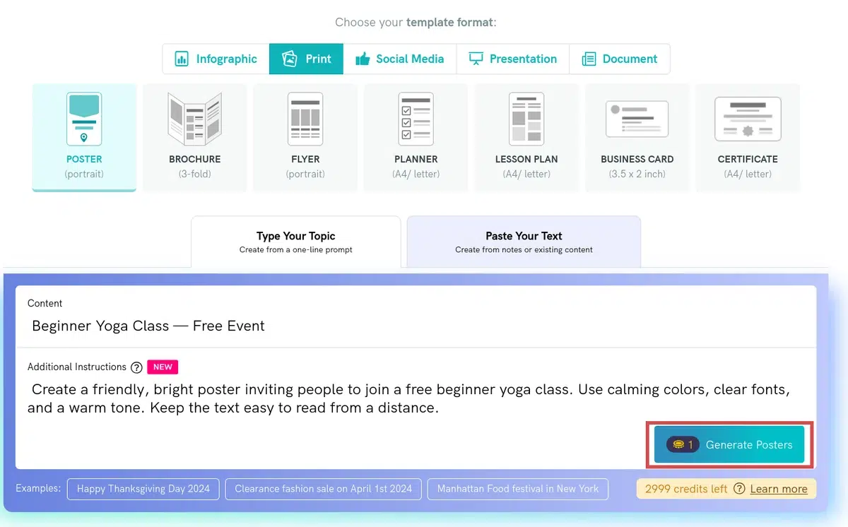 a screenshot of an ai poster generator interface on piktochart, the user has selected the poster template and entered 'beginner yoga class — free event' as the topic, with instructions to create a friendly and bright poster, the 'generate posters' button is highlighted, indicating the next step in the design process