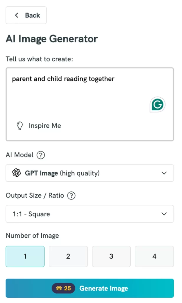 a screenshot of an ai image generator tool, the user has typed in 'parent and child reading together' and selected the gpt image model with a square output size