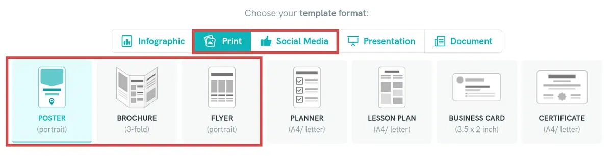 a close-up screenshot of a template selection menu in a design tool, the 'print' and 'social media' categories are highlighted, below, the 'poster' option is selected, with 'brochure' and 'flyer' as other visible choices, showing the initial step of choosing a document type