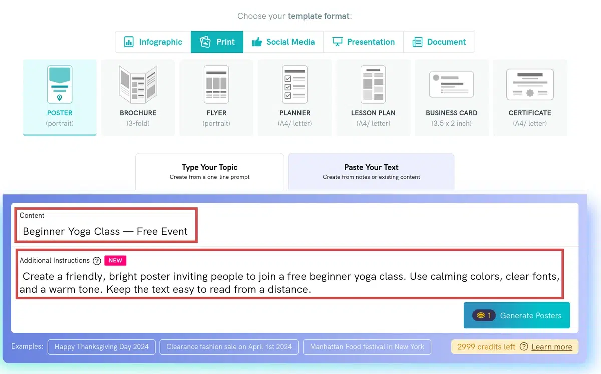 a screenshot highlighting the text input fields for an ai poster generator, the 'content' field is filled with 'beginner yoga class — free event', and the 'additional instructions' field contains a detailed prompt for creating a friendly, bright, and easy-to-read yoga poster