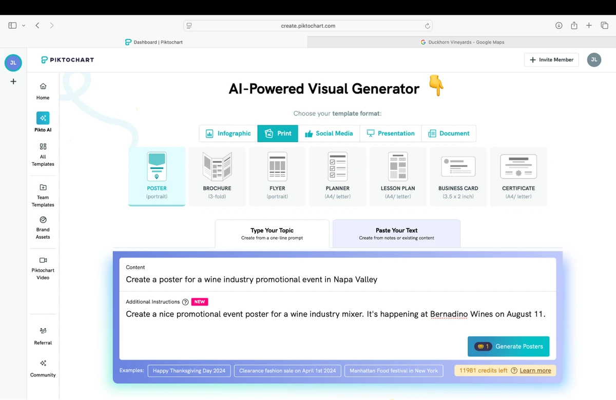 a screenshot of the piktochart website showing its ai-powered visual generator, the user can choose a template format like poster, brochure, or flyer, a text box prompts the user to type their topic, the example text is create a poster for a wine industry promotional event in napa valley