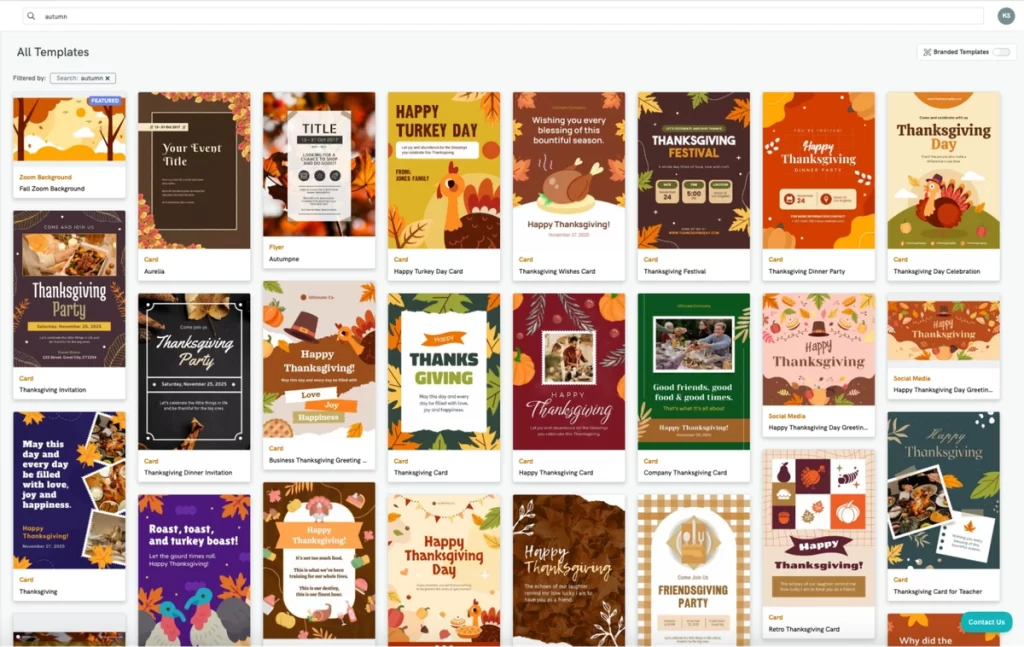 a screenshot showing a large grid of thanksgiving-themed design templates, with various styles for cards, flyers, and social media posts featuring turkeys, pumpkins, and autumn leaves