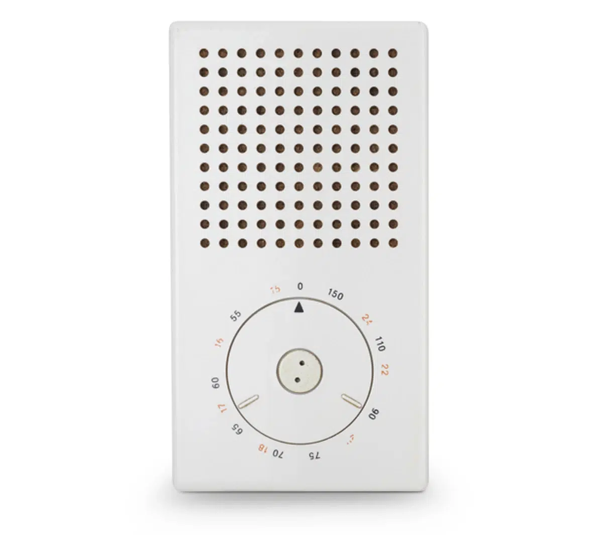 a vintage white rectangular transistor radio with a circular dial and a grid of speaker holes standing upright on a white surface