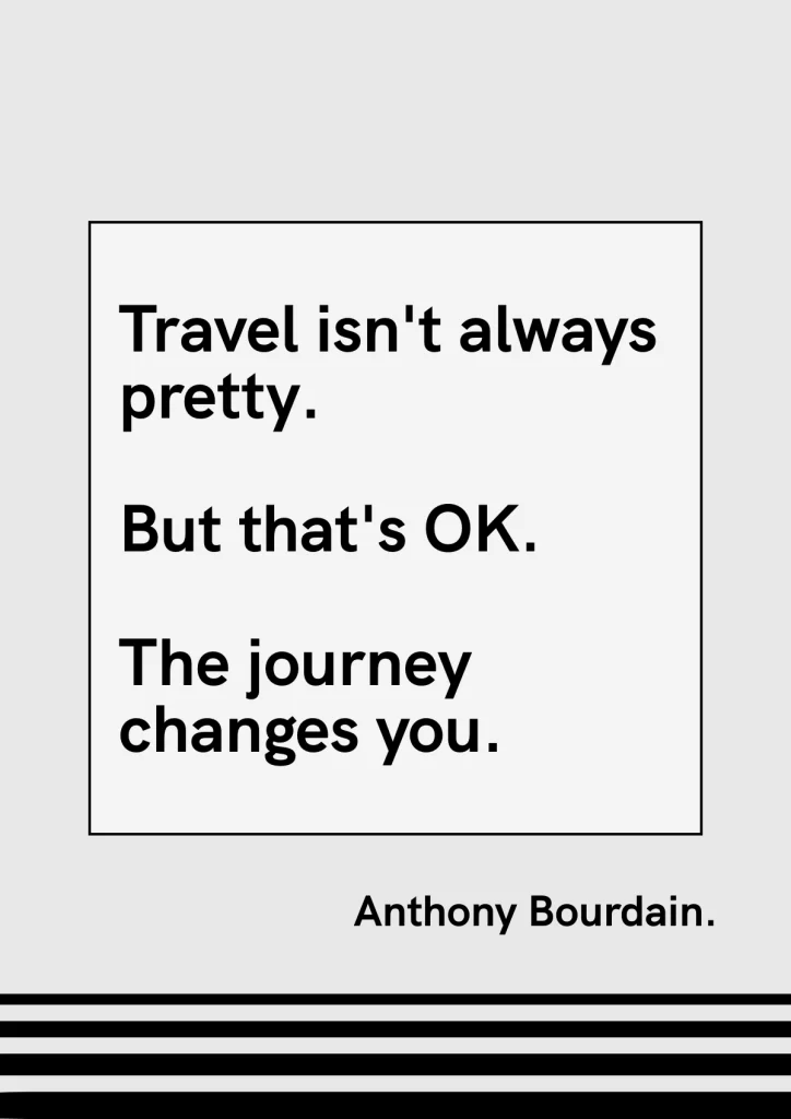 a poster with a quote from anthony bourdain travel isn't always pretty but that's ok the journey changes you set inside a black-bordered box on a light gray background