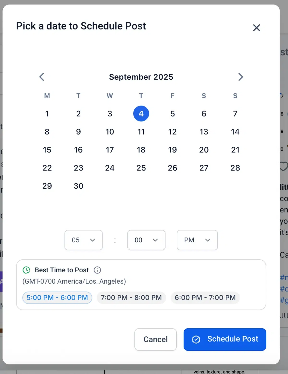 a screenshot of a social media post scheduling tool showing a calendar for september 2025, with options to select a time and a 'best time to post' suggestion