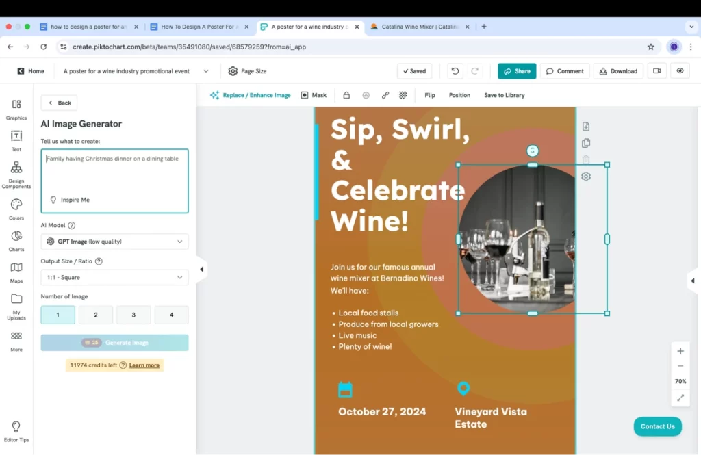 a screenshot of the piktochart editor interface, on the left is a toolbar with options for graphics, text, and design components, on the right is a dark blue poster being edited for a wine event, the poster reads sip swirl and celebrate wine and shows a circular image of wine glasses and a bottle