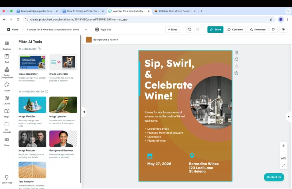 a screenshot of the piktochart editor, on the left is the ai tools menu showing options like visual generator and image modifier, on the right is a poster for a wine mixer at bernadino wines, the poster has a brown and orange color scheme and includes a list of attractions like local food stalls and live music