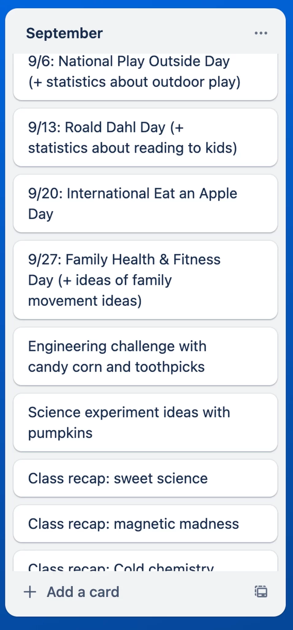 a close-up screenshot of a trello card for 'national play outside day', with a pop-up menu showing options to add labels, dates, a checklist, and members