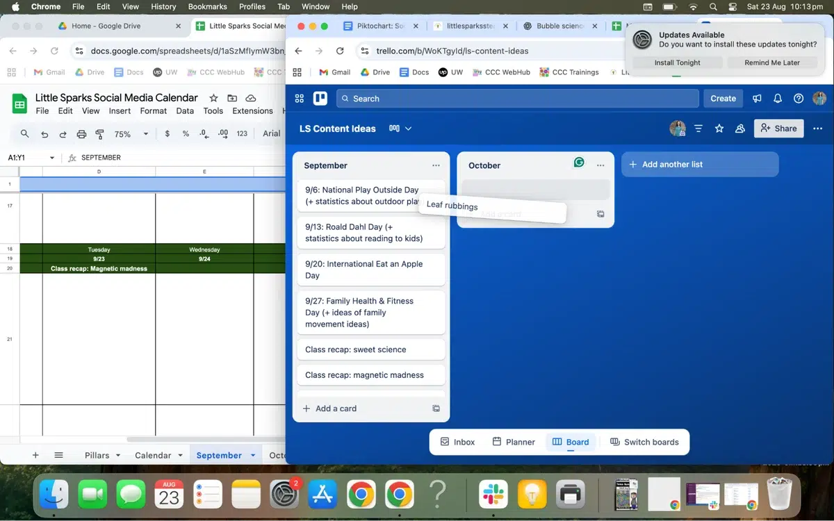 a screenshot of a macos desktop showing a google sheets social media calendar next to a trello board with content ideas, demonstrating social media planning