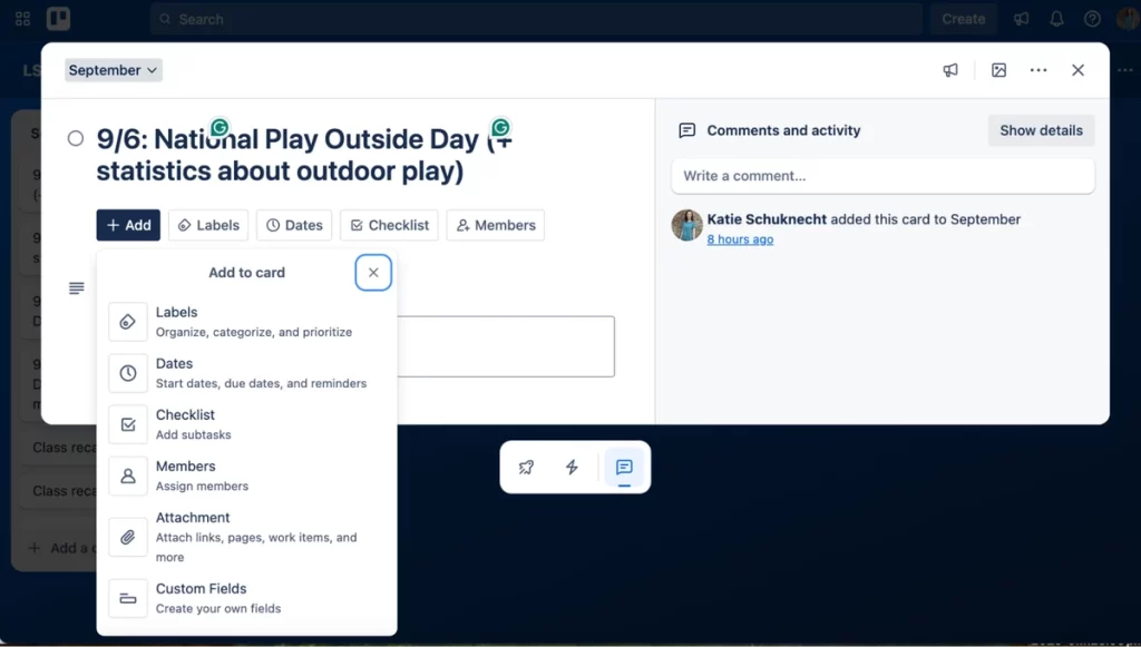 a screenshot of a trello list for the month of september, with cards for content ideas like 'national play outside day', 'roald dahl day', and 'international eat an apple day'