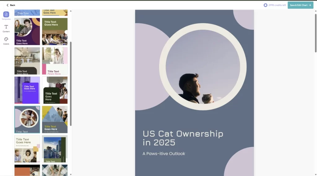 a screenshot of a graphic design editor's interface, showing the color customization options, the main canvas displays an infographic cover titled "us cat ownership in 2025", featuring a prominent photo of a person holding a fluffy white kitten that is wearing a pink and white floral collar, the "crimson dusk" color palette is selected on the left, reflecting the deep mauve and pink tones of the design