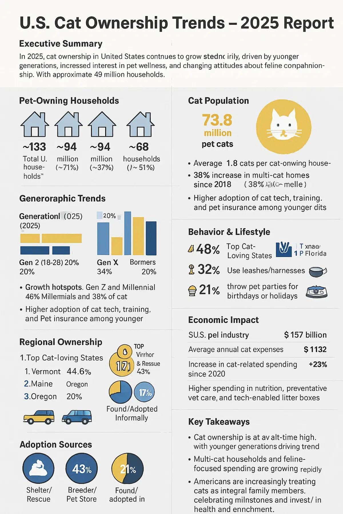 a comprehensive infographic titled "u,s, cat ownership trends 2025 report", it summarizes key data points using icons and charts, covering topics such as the 73,8 million cat population, generational ownership trends led by gen x and millennials, the 157 billion dollar economic impact of the pet industry, and primary adoption sources, with shelters and rescues being the most common at 43 percent